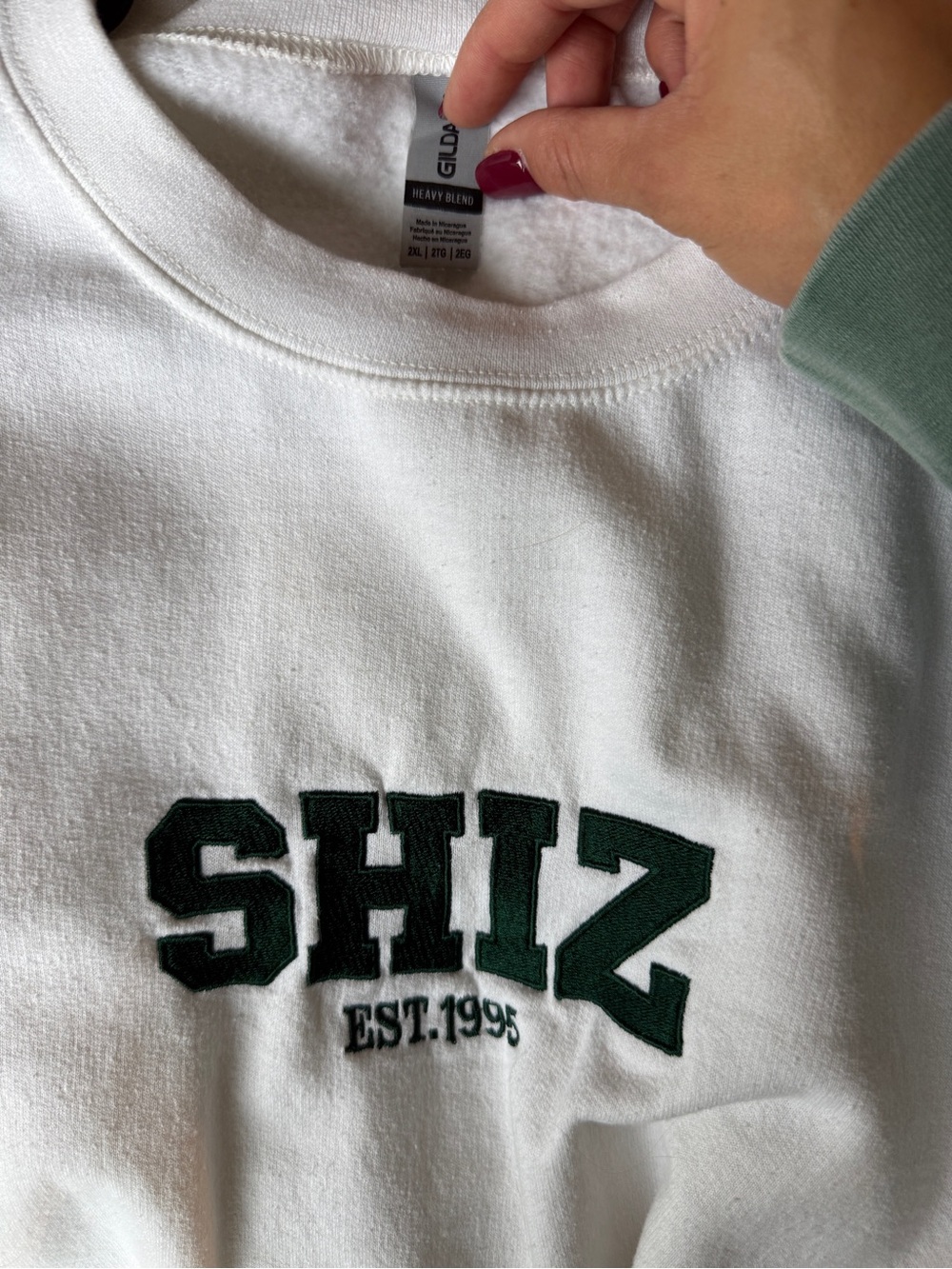 WICKED Gildan White Crewneck Sweatshirt with Green SHIZ University Logo - Picture 3 of 5